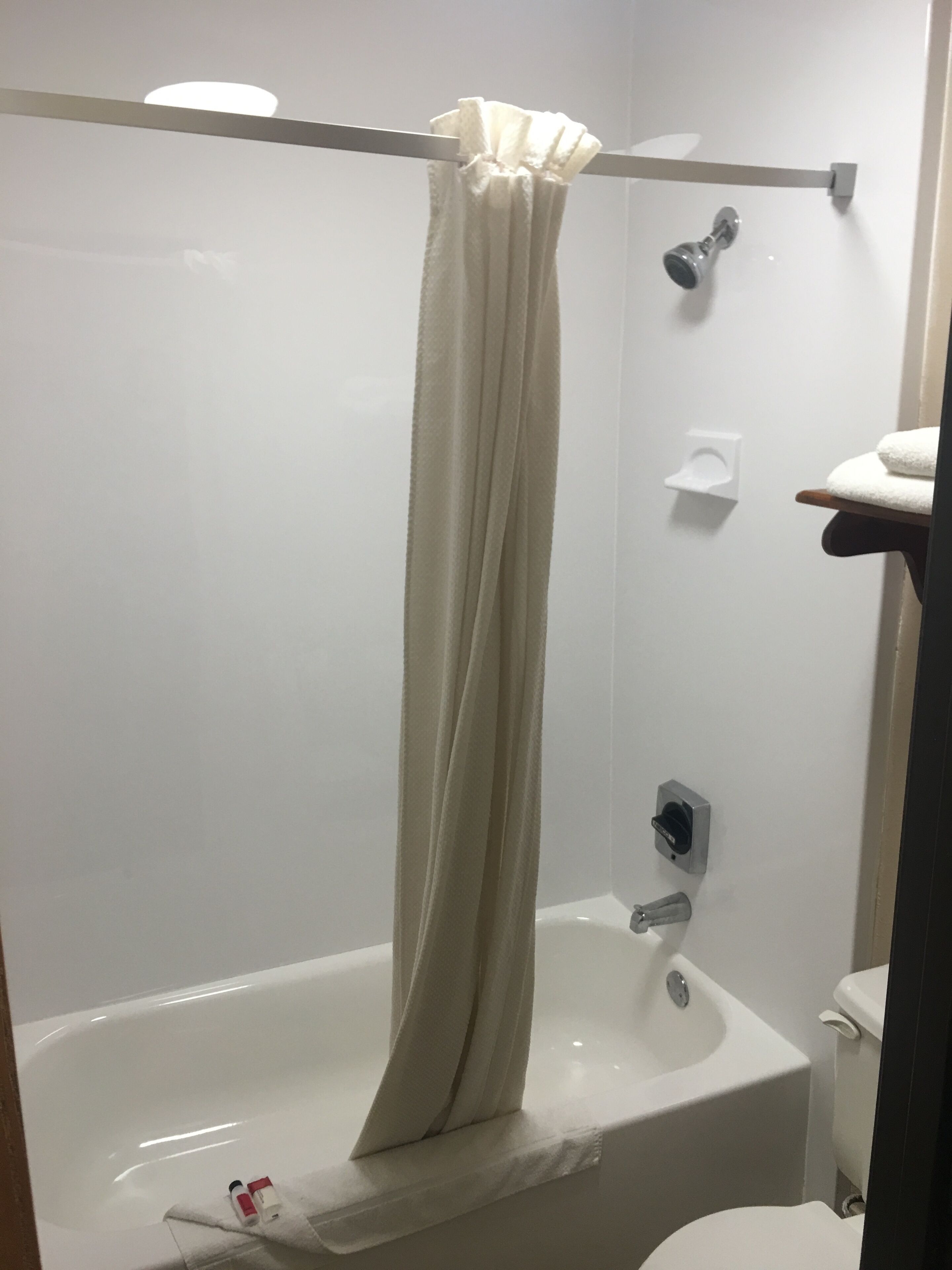 A bathroom with a bathtub, toilet, and a shower curtain.
