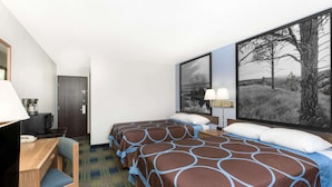 A hotel room with two beds, a desk with a chair, a television, and a large window with a landscape view. - Super 8 by Wyndham Columbus (Columbus)