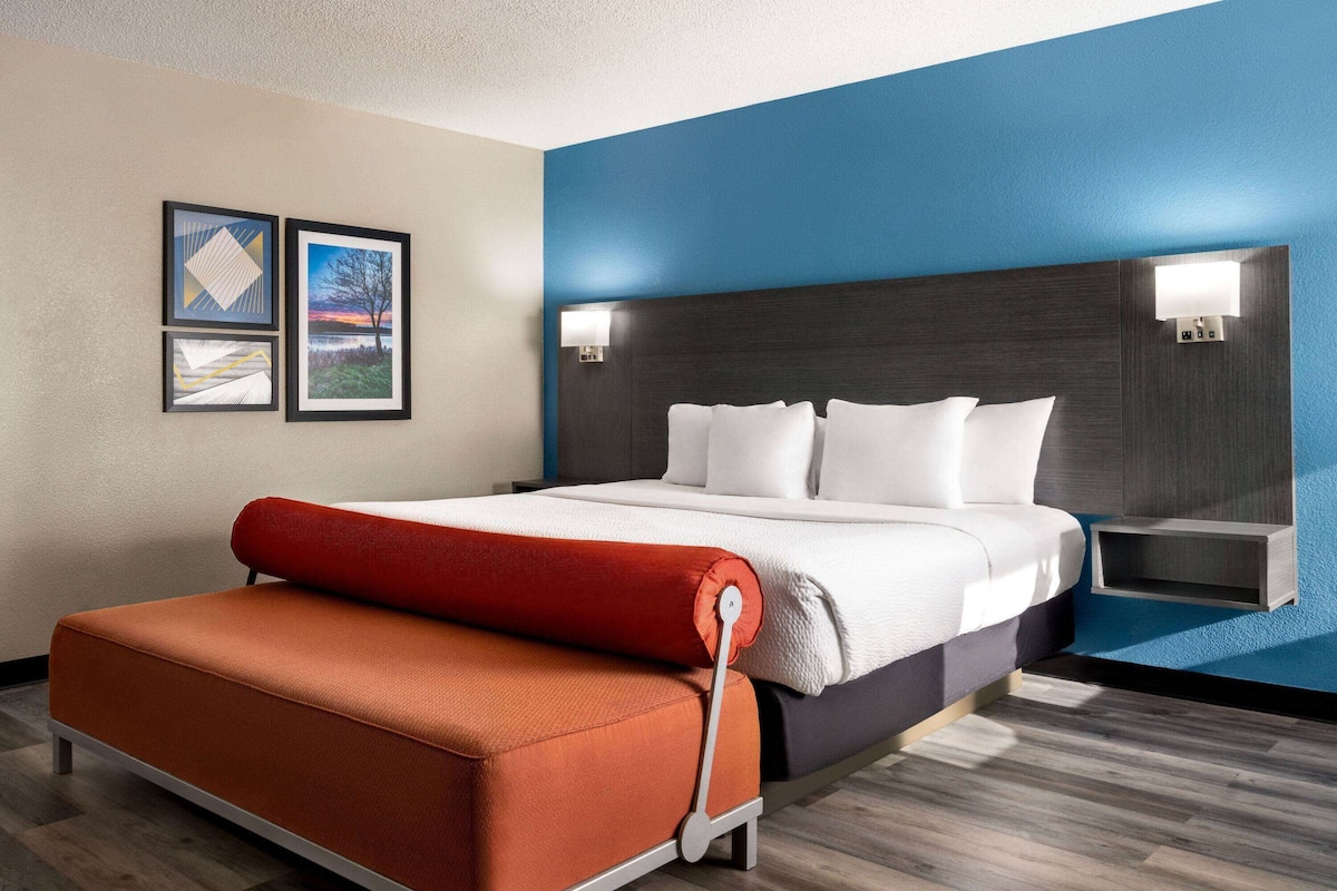 Una habitación de hotel moderna con una cama, un banco rojo y obras de arte en la pared.