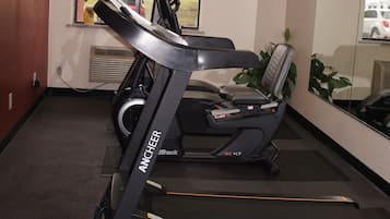 Une salle de sport équipée de tapis de course et d’un banc, une fenêtre donnant sur l’extérieur et un mur recouvert de miroirs.