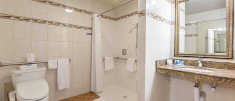 A bathroom with a toilet, shower, and sink with a mirror.