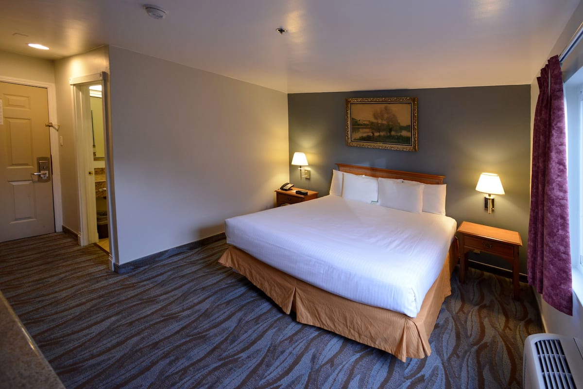 A hotel room with a large bed, two bedside tables with lamps, a painting on the wall, and a window with curtains.