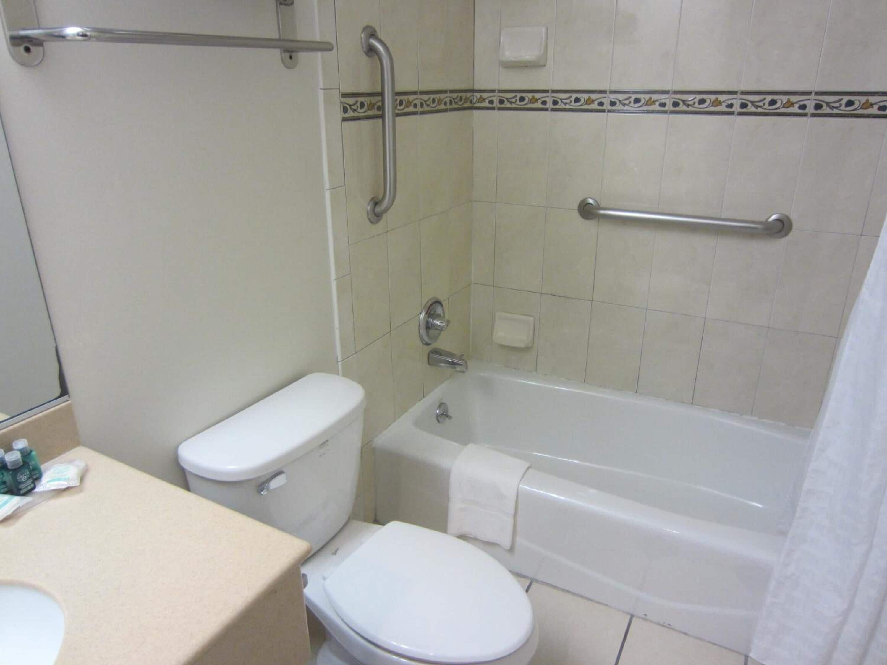 A bathroom with a toilet, a bathtub, and a shower.