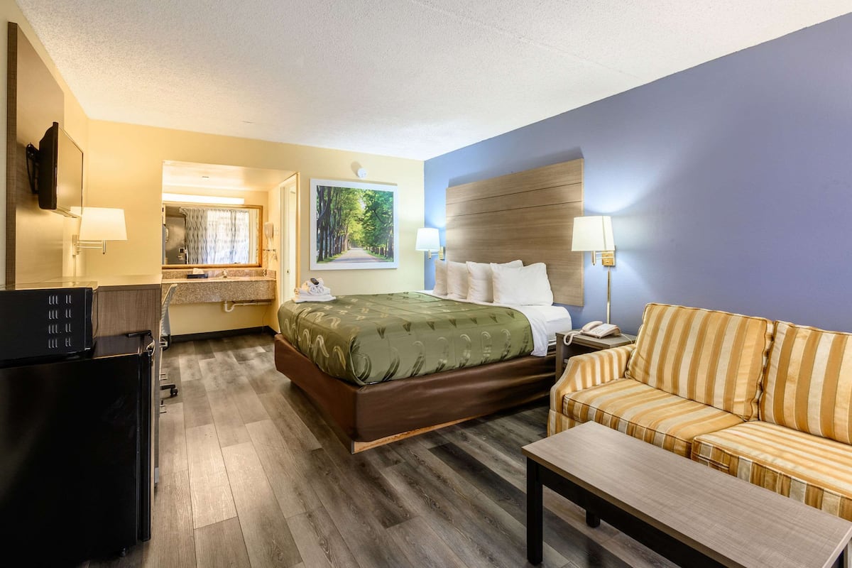 A hotel room with a bed, a sofa, a desk, a mirror, and a painting on the wall.