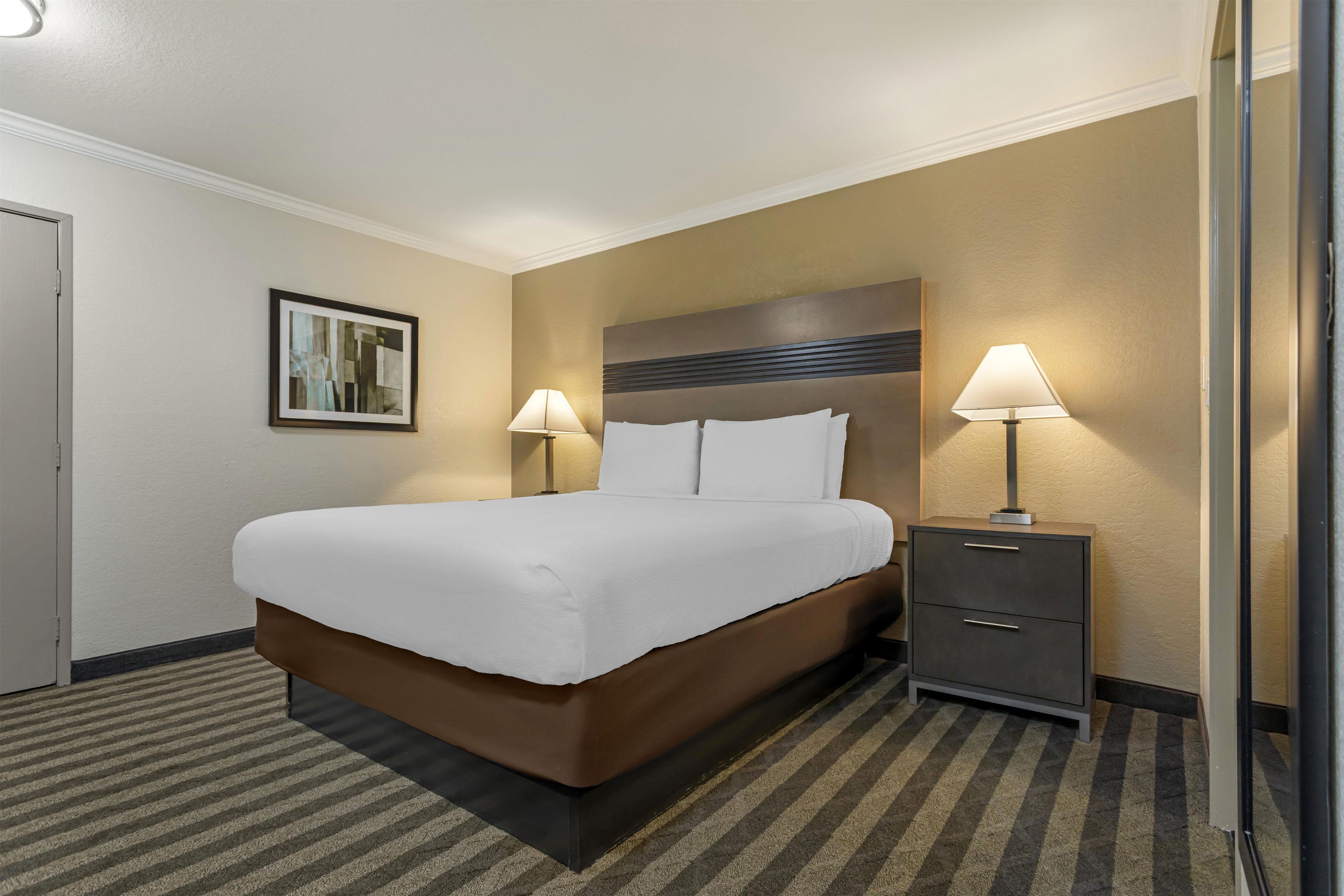 A hotel room with a bed, bedside lamps, a nightstand, a framed picture on the wall, and a carpeted floor.