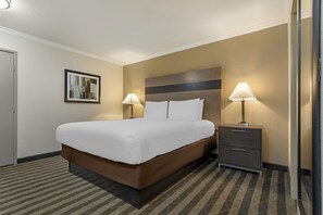 Hotellihuone, jossa on sänky, yöpöydällä olevat lamput, yöpöytä, seinällä oleva kehystetty kuva ja matolla peitetty lattia.
