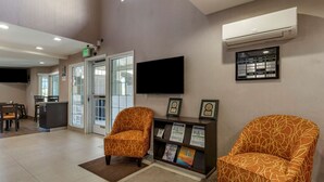 Un área de recepción con dos sillones estampados, un mostrador de recepción, un televisor de pantalla plana, diplomas enmarcados y un equipo de aire acondicionado.