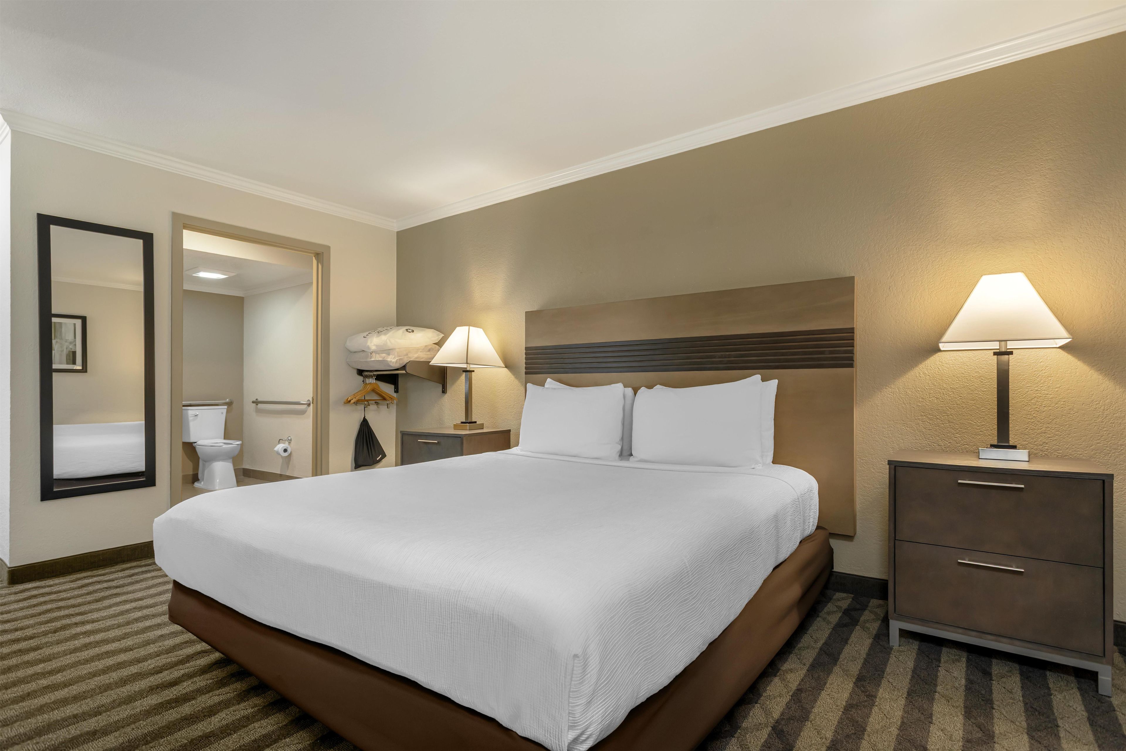 A hotel room with a large bed, a bedside table with a lamp, a mirror, a wardrobe, and a bathroom visible through an open door.