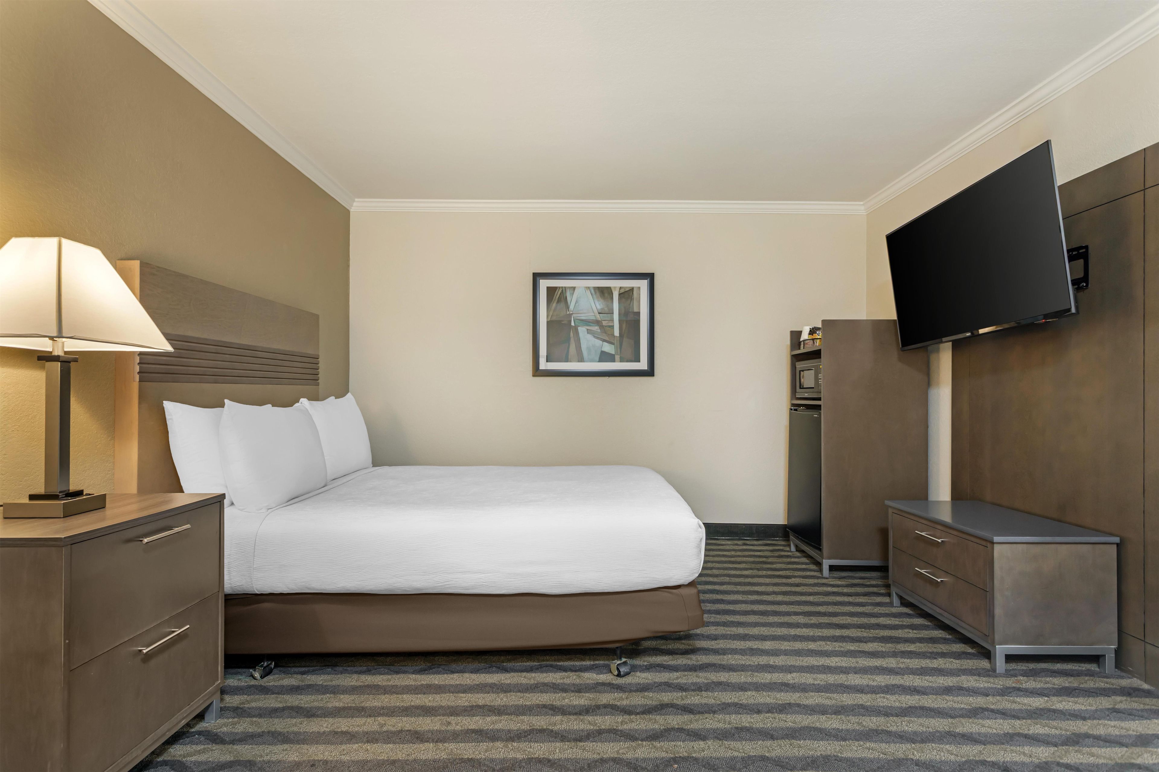 A hotel room with a bed, a desk, a chair, a TV, and a painting on the wall.