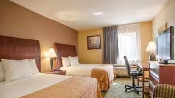 Hypo-allergenic bedding, pillowtop beds, desk, blackout drapes