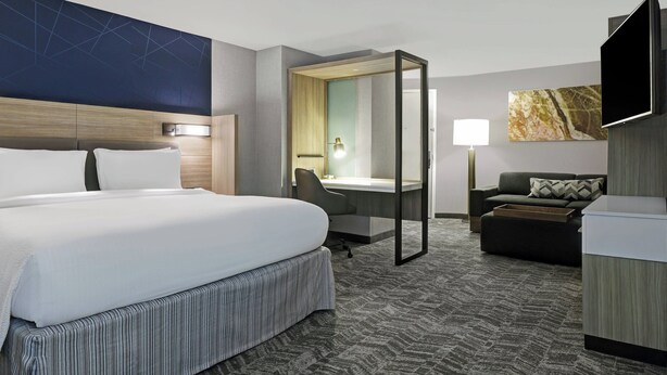 Ein Hotelzimmer mit einem großen Bett, einem Schreibtisch, einem Sessel, einer Couch, einem Fernseher und einem Spiegel.