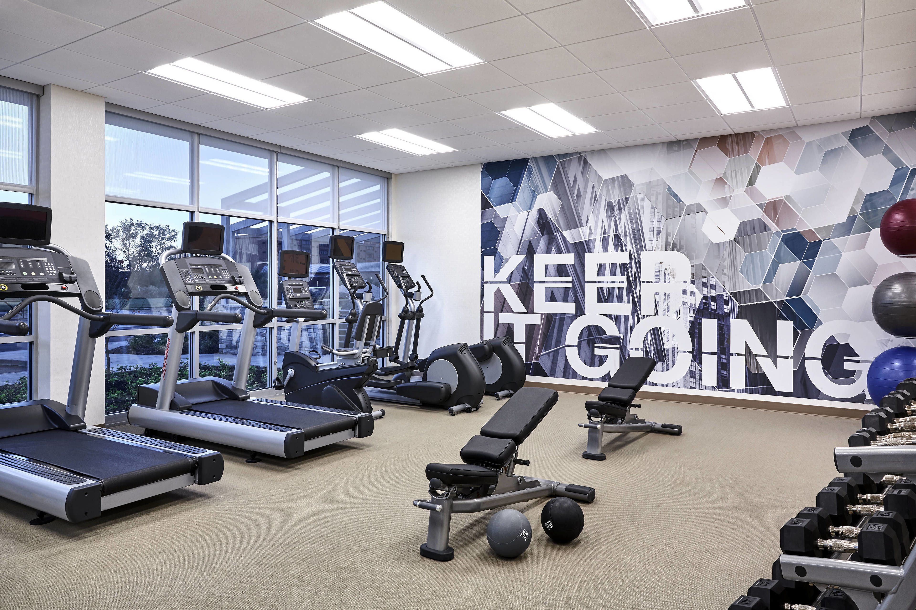 Un gimnasio con cintas de correr, elípticas, prensa de banca y pesas sueltas.