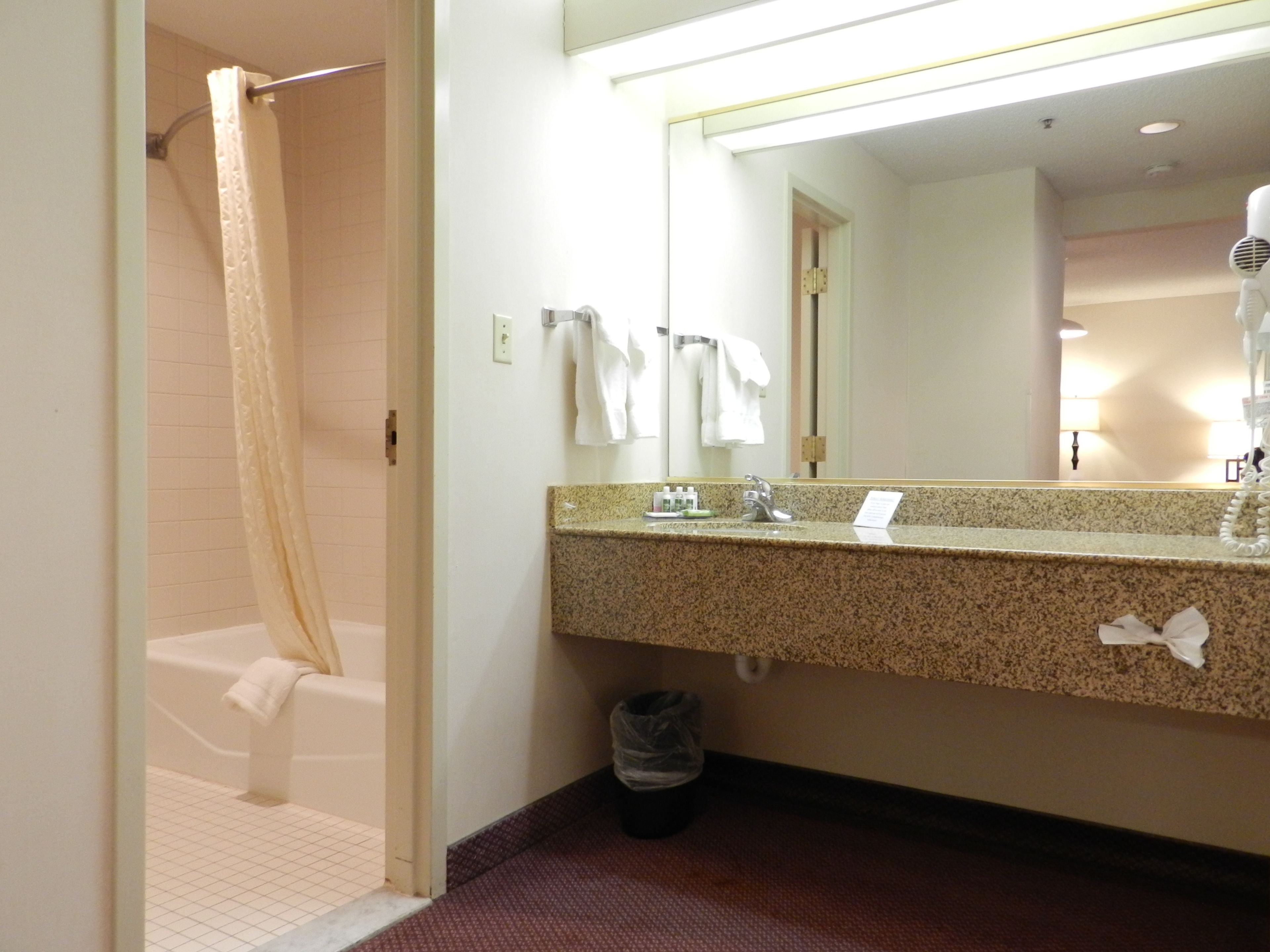 combined shower/bathtub, free toiletries, hair dryer, towels