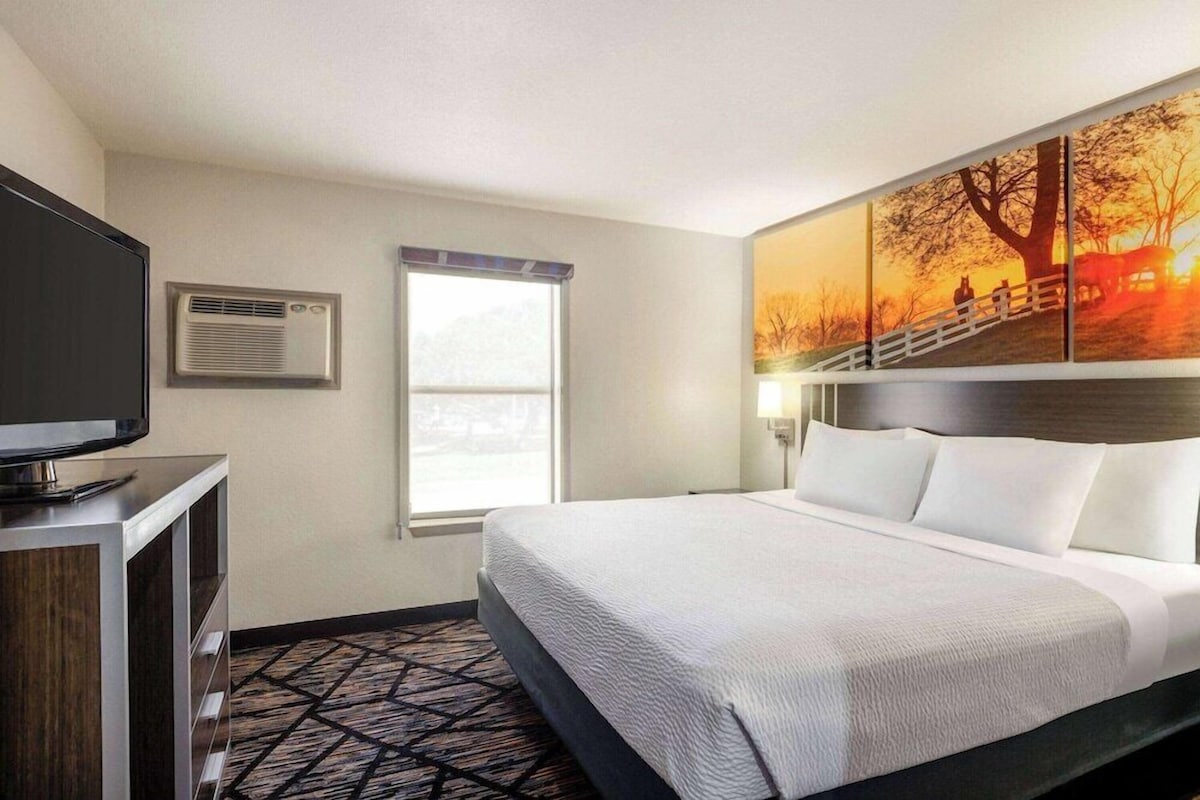 A hotel room with a bed, a TV, an air conditioning unit, a window, and a painting on the wall.