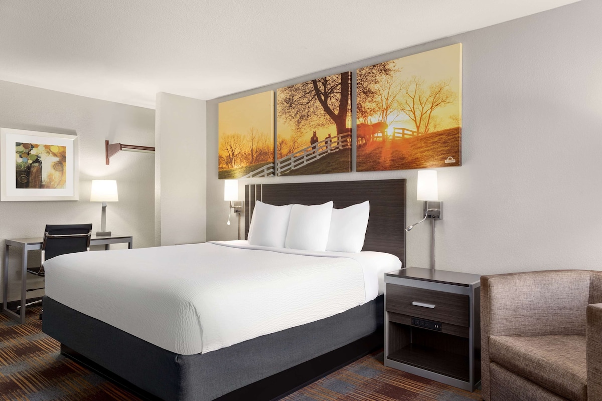 A hotel room with a large bed, bedside tables, a desk, and a chair.