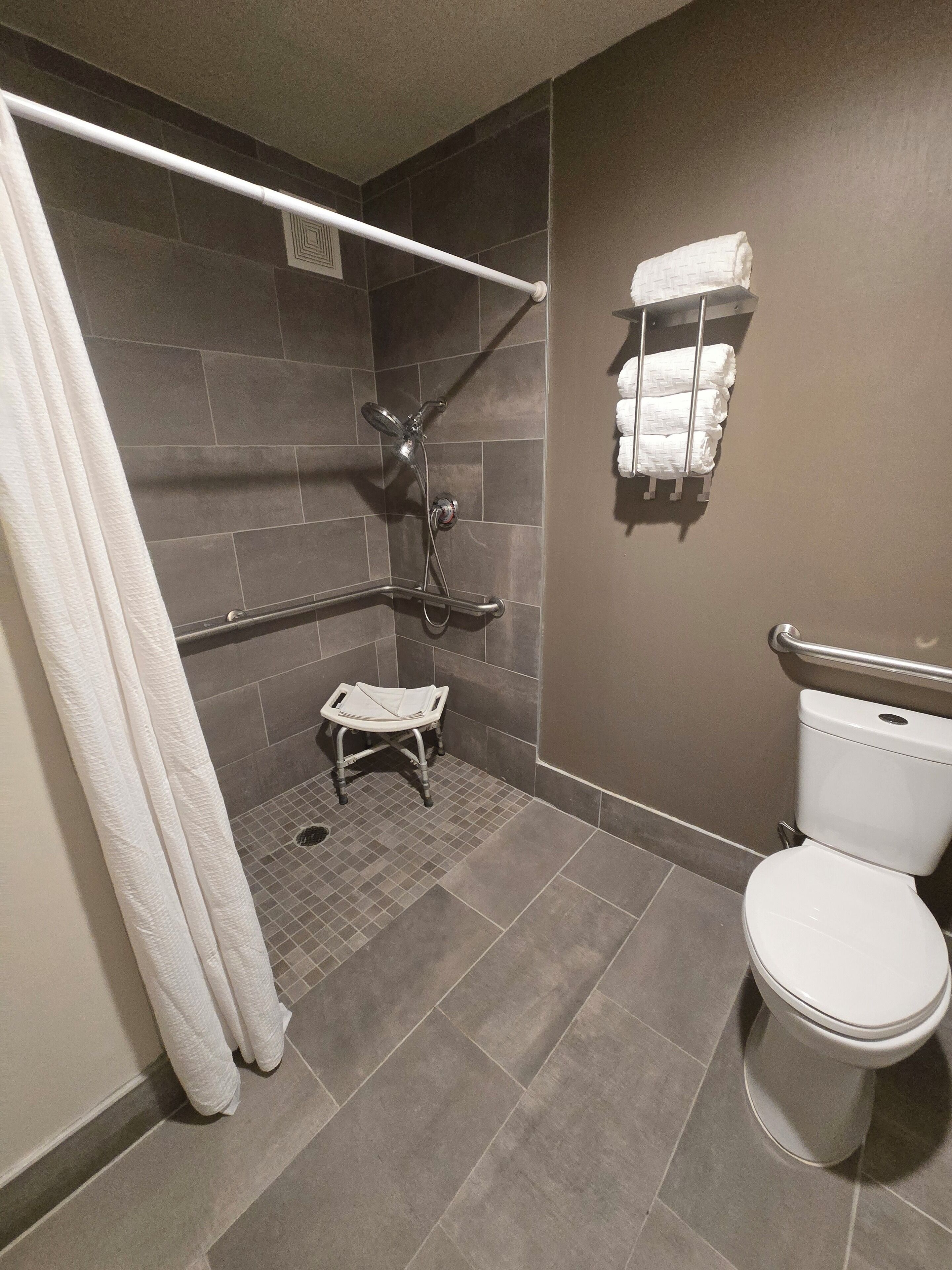 Combined shower/tub, free toiletries, hair dryer, towels