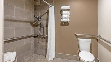 Ein Badezimmer mit Dusche, Toilette und Handläufen.