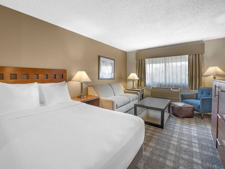 A hotel room with a large bed, a sofa, a small table, and a desk with a lamp.