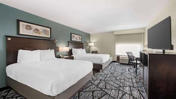 Standard Room, 2 Queen Beds, Non Smoking, Refrigerator & Microwave | Bathroom | Combined shower/tub, free toiletries, hair dryer, towels