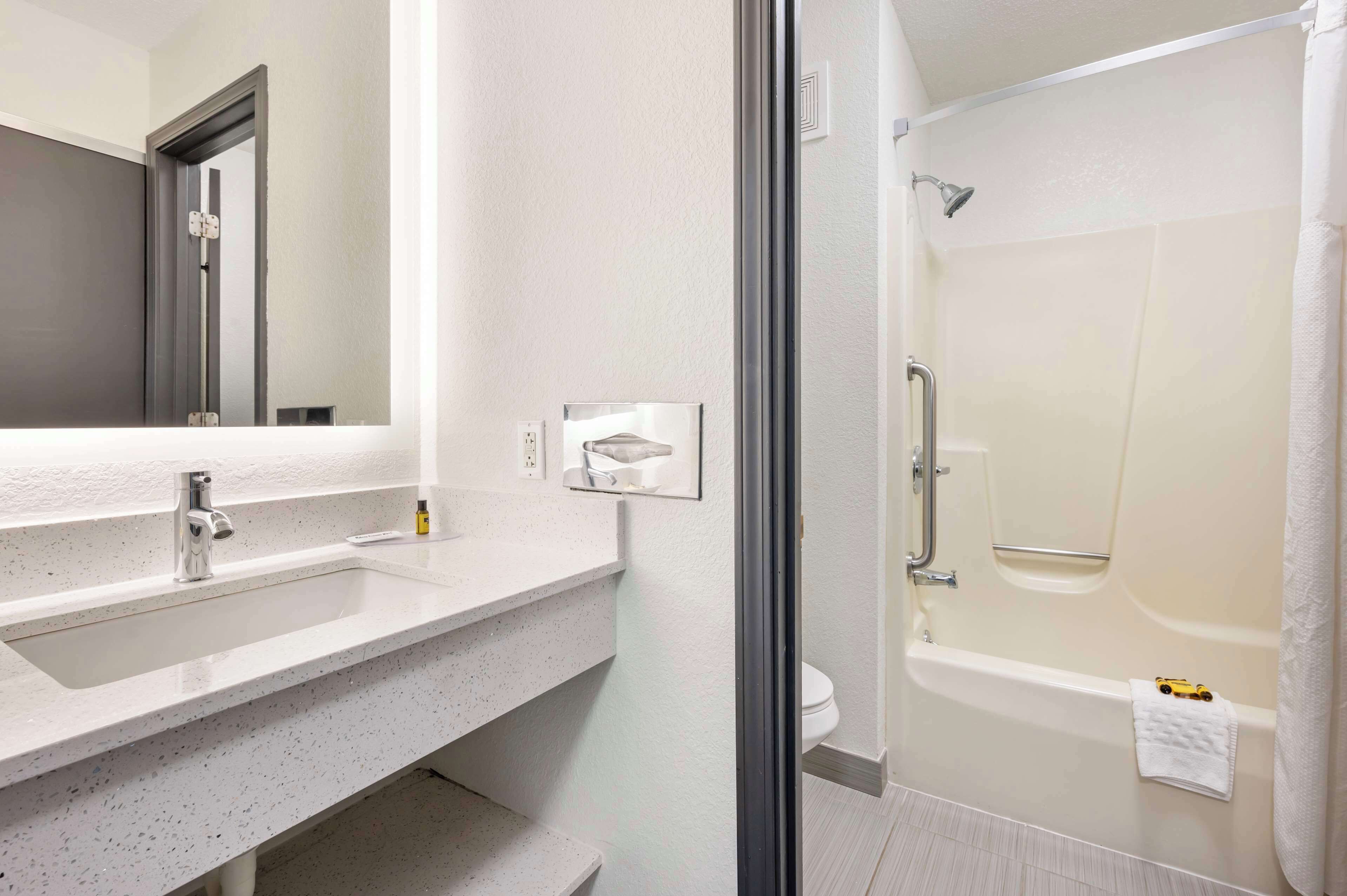 combined shower/bathtub, free toiletries, hair dryer, towels