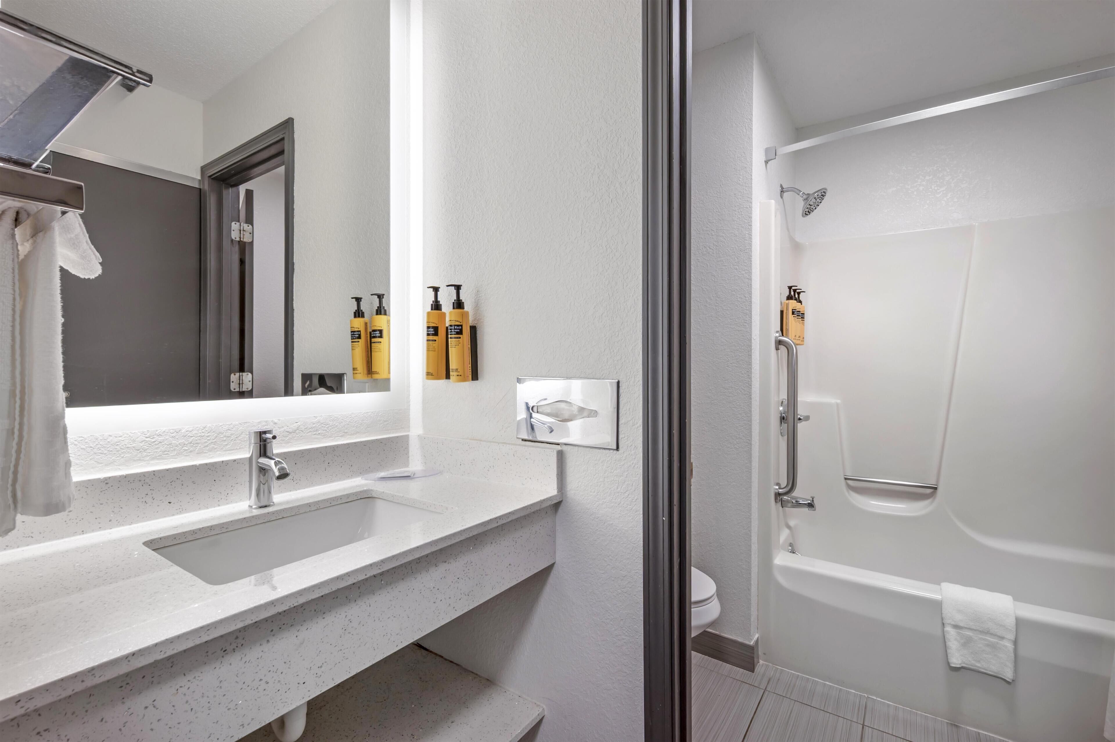 A bathroom with a sink, mirror, shower, and toiletries.
