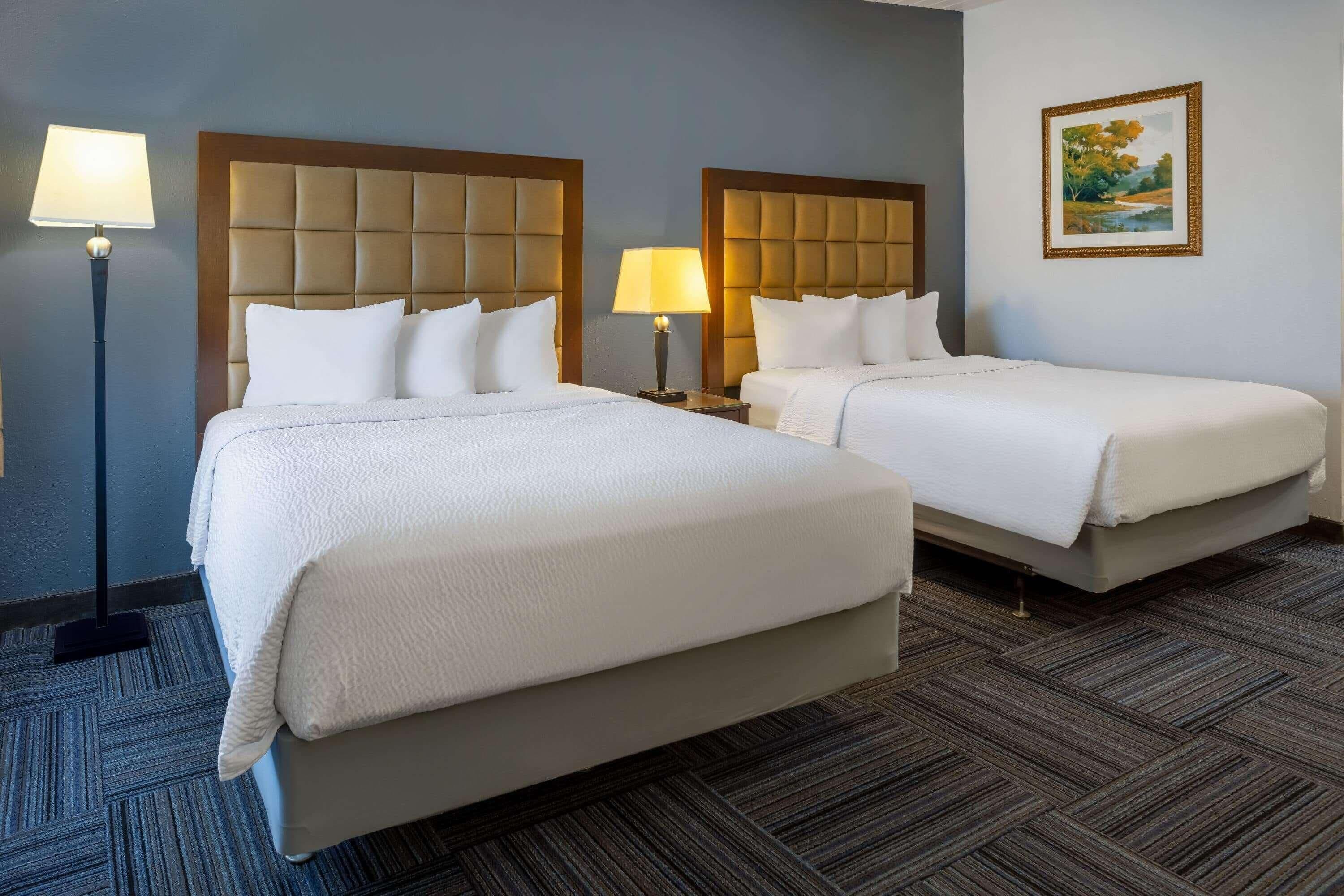 Quarto de hotel com duas camas, uma mesinha de cabeceira com abajur, um quadro na parede e piso coberto por carpete.
