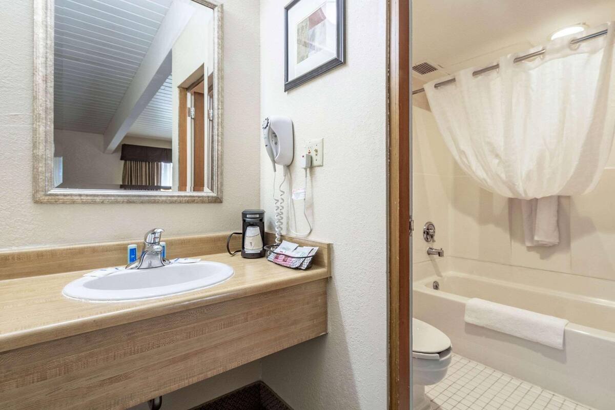 A bathroom with a sink, mirror, hairdryer, and a shower with a curtain.