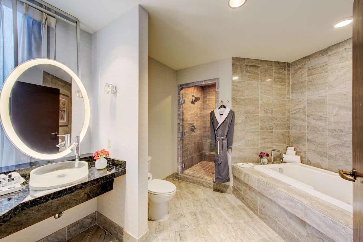 penthouse suite, 1 king bed with fireplace (water view) | bathroom | combined shower/bathtub, designer toiletries, hair dryer, bathrobes