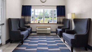 A hotel room with a checkered carpet, two armchairs, a heater, and a window with curtains. - Microtel Inn by Wyndham Raleigh Durham Airport (Morrisville)