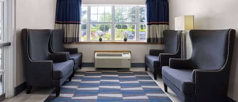 Une chambre d’hôtel avec un tapis à carreaux, deux fauteuils, un radiateur et une fenêtre avec des rideaux.