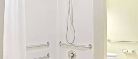 A shower with grab bars, a handheld showerhead, and a toilet with a grab bar.