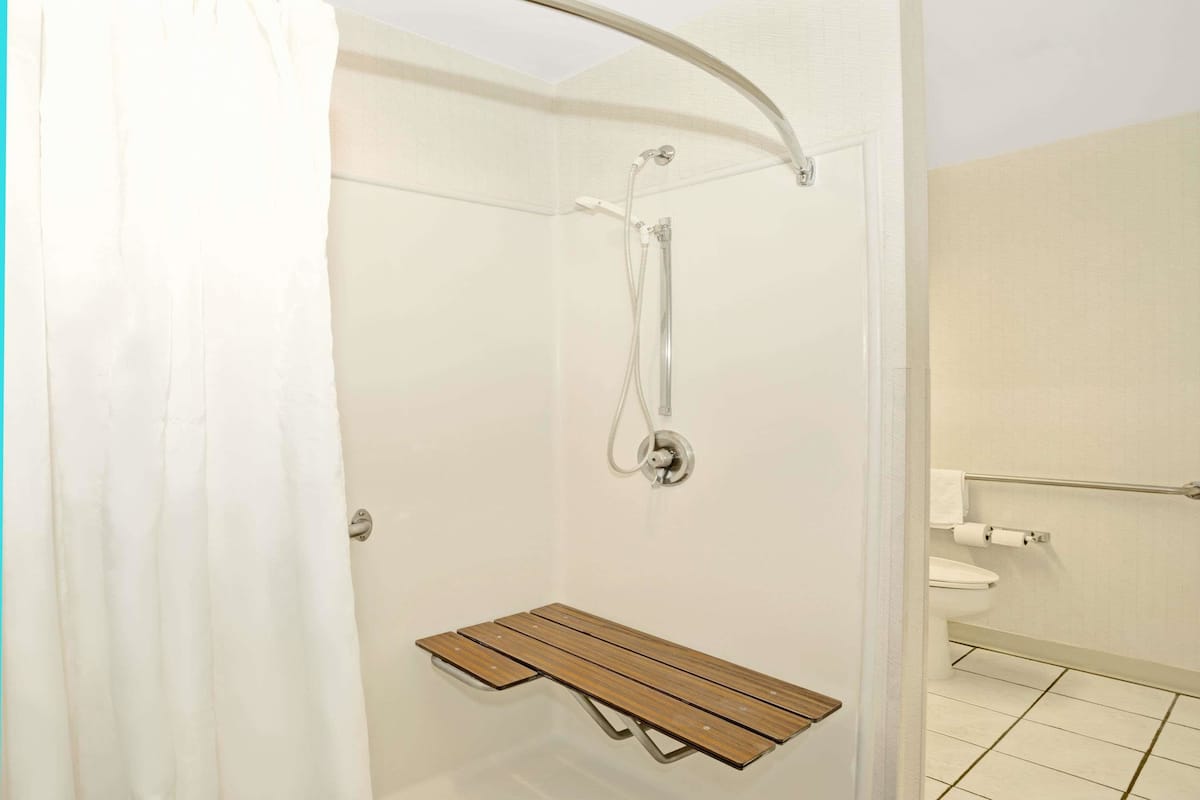 combined shower/bathtub, hair dryer, towels