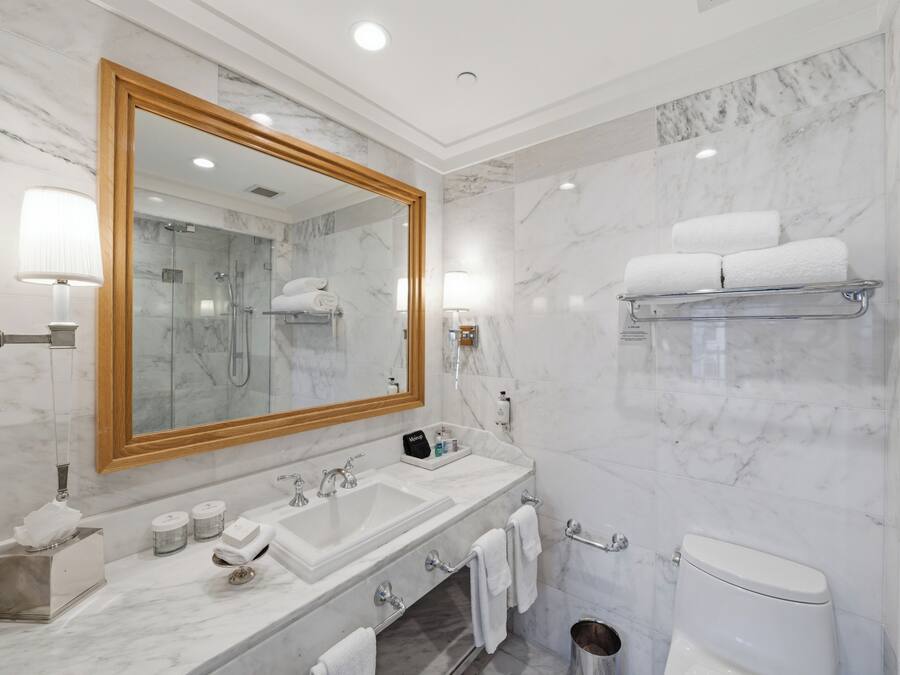 A bathroom with a large mirror, two sinks, a toilet, and a shower.