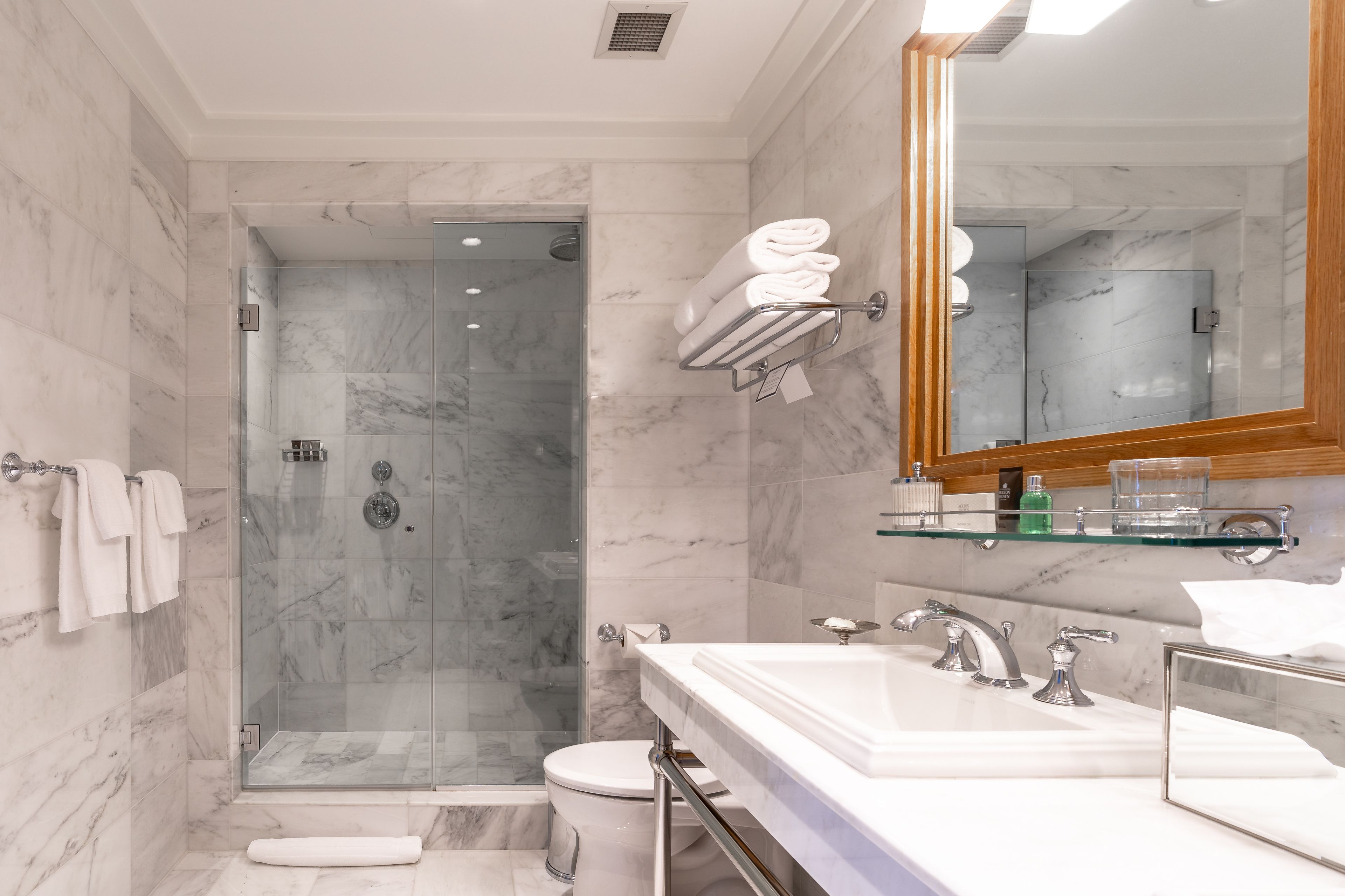 shower, designer toiletries, hair dryer, bathrobes