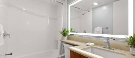 Combined shower/tub, free toiletries, hair dryer, towels