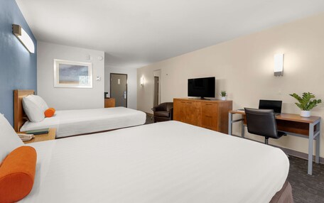 A hotel room with two beds, a desk with a computer, a television, and a small plant.