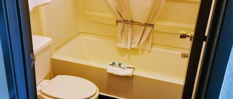 A bathroom with a toilet, a bathtub, and a shower curtain.