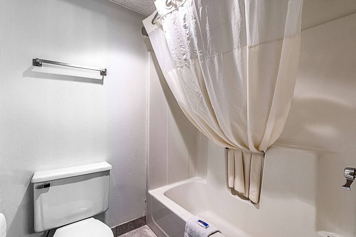 A bathroom with a toilet, a bathtub, and a shower curtain.