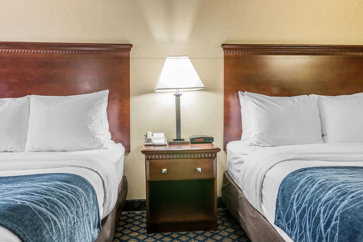 A hotel room with two beds, a nightstand with a lamp, a phone, and a clock.