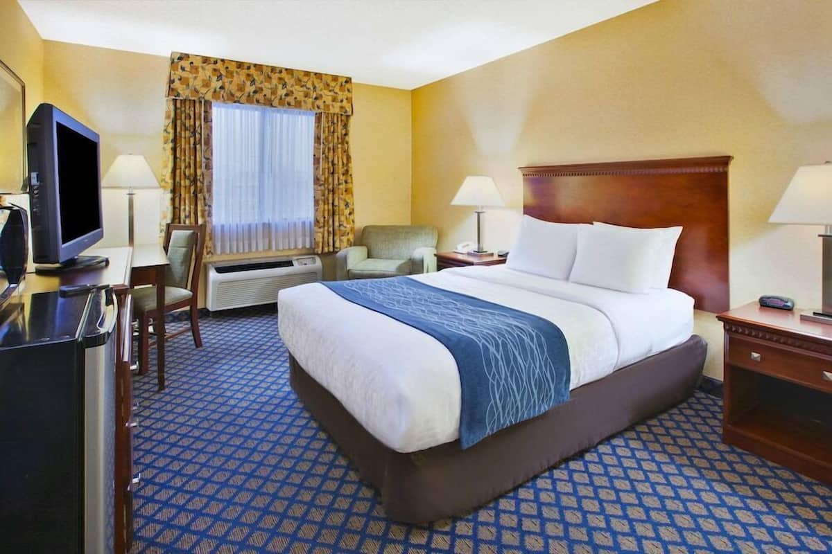 A hotel room with a large bed, a desk with a television, a chair, a desk lamp, and a window with curtains.
