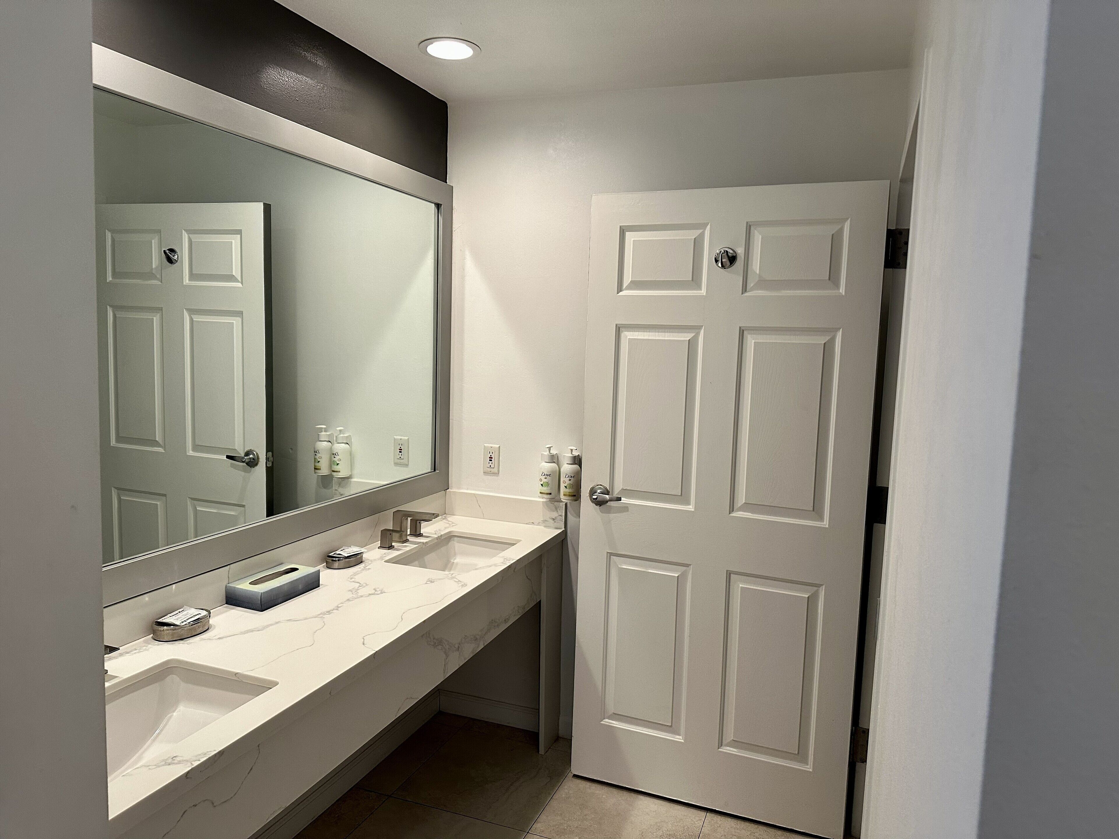 Une salle de bain avec un meuble-lavabo blanc, un grand miroir et une porte blanche.