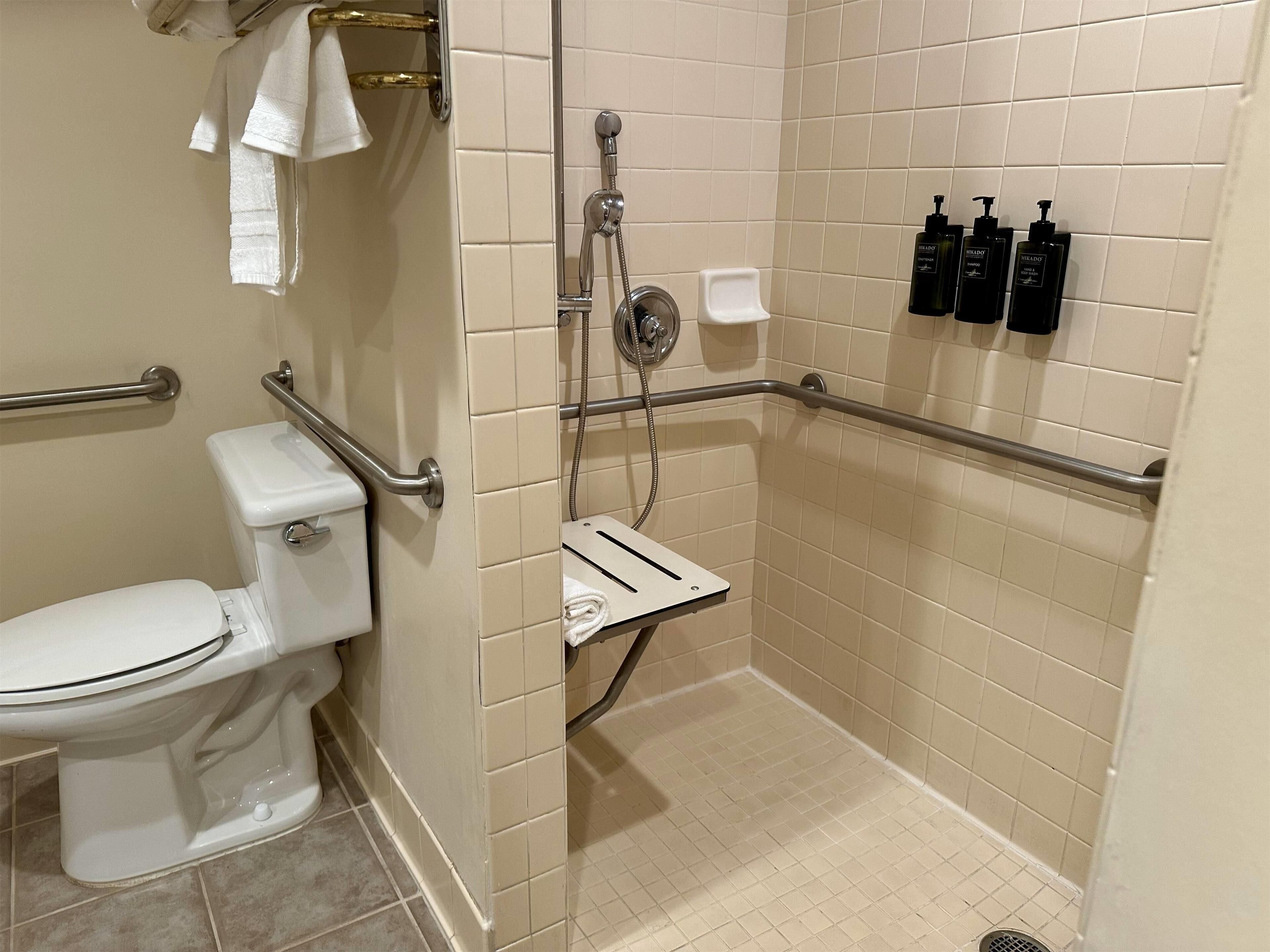 Une salle de bain équipée de toilettes, de barres d’appui, d’une douche et d’un présentoir mural pour les articles de toilette.