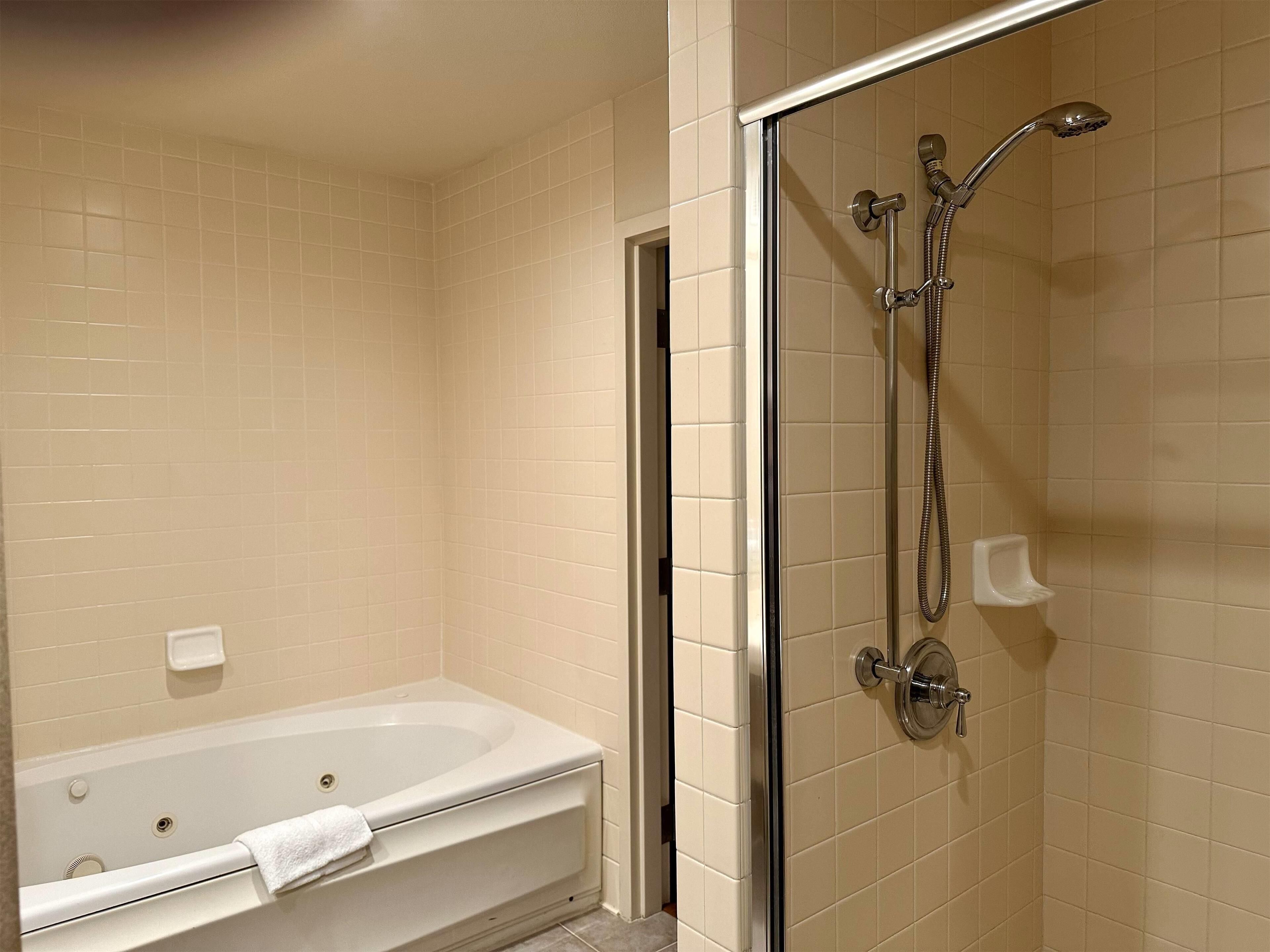 A bathroom with a bathtub and a shower area.