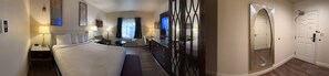Desk, laptop workspace, blackout curtains, iron/ironing board