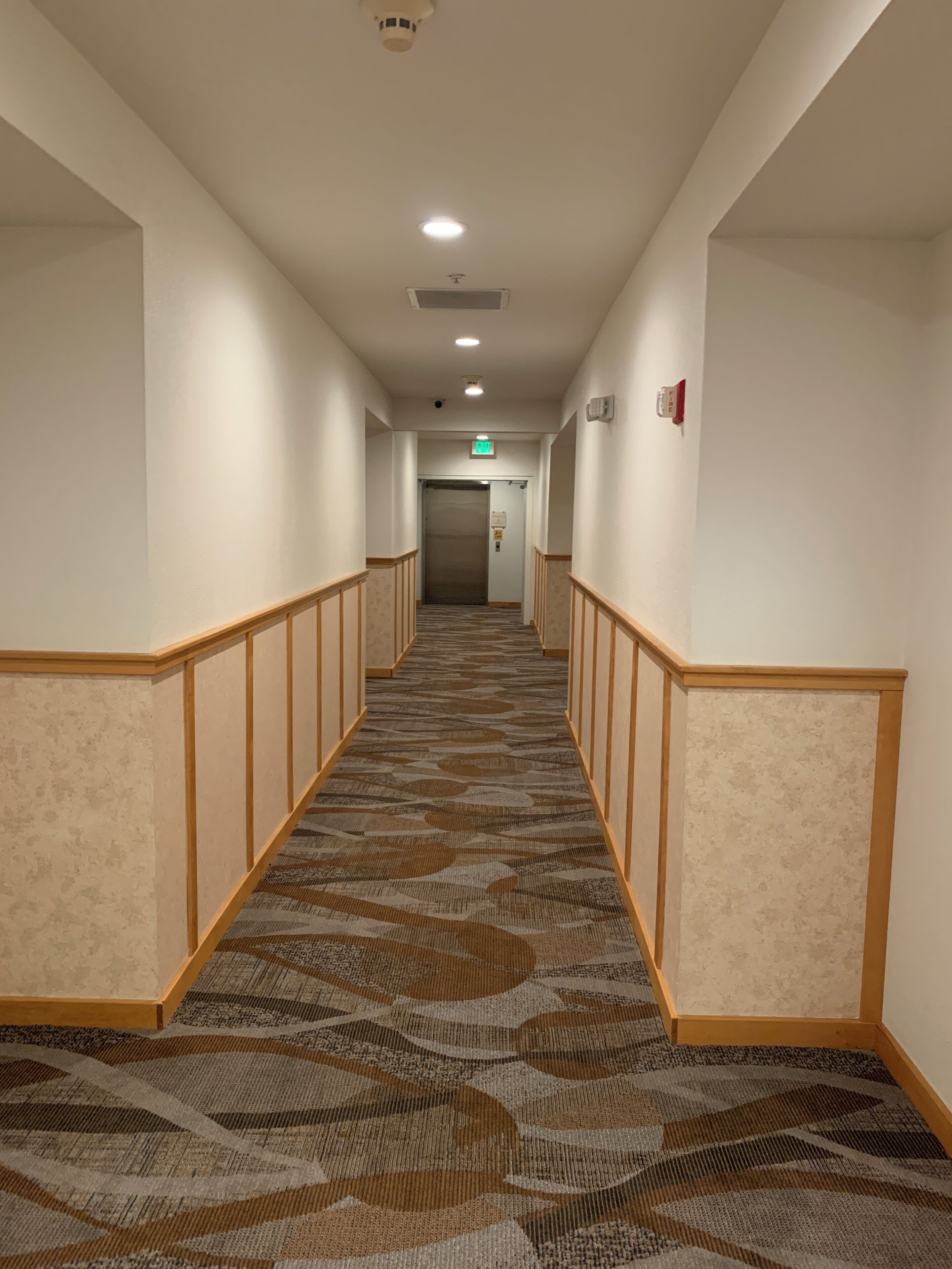 A hotel hallway with a patterned carpet, wooden paneling on the walls, and a ceiling with recessed lighting.