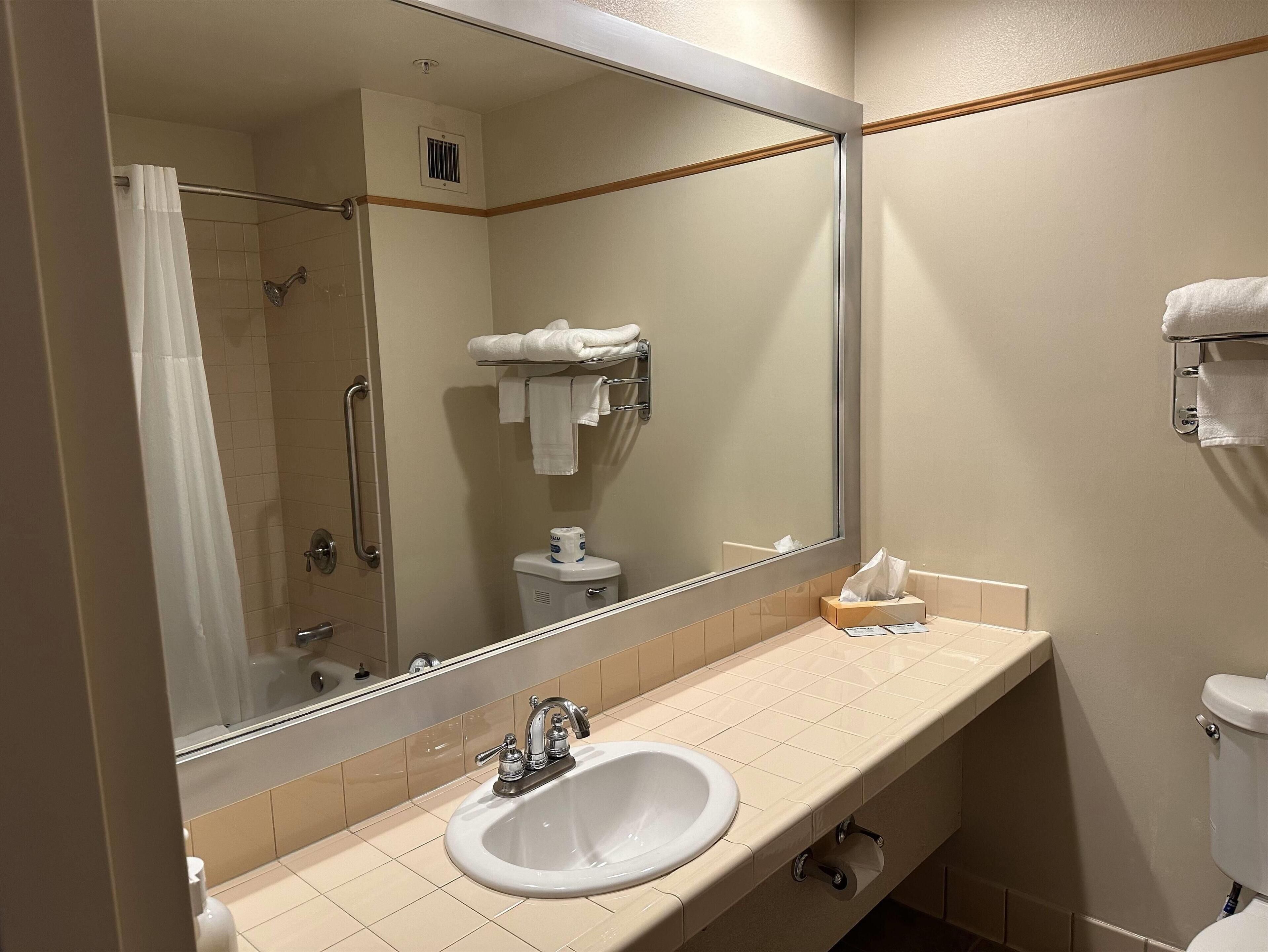 A bathroom with a large mirror, a sink, a toilet, and a shower area.
