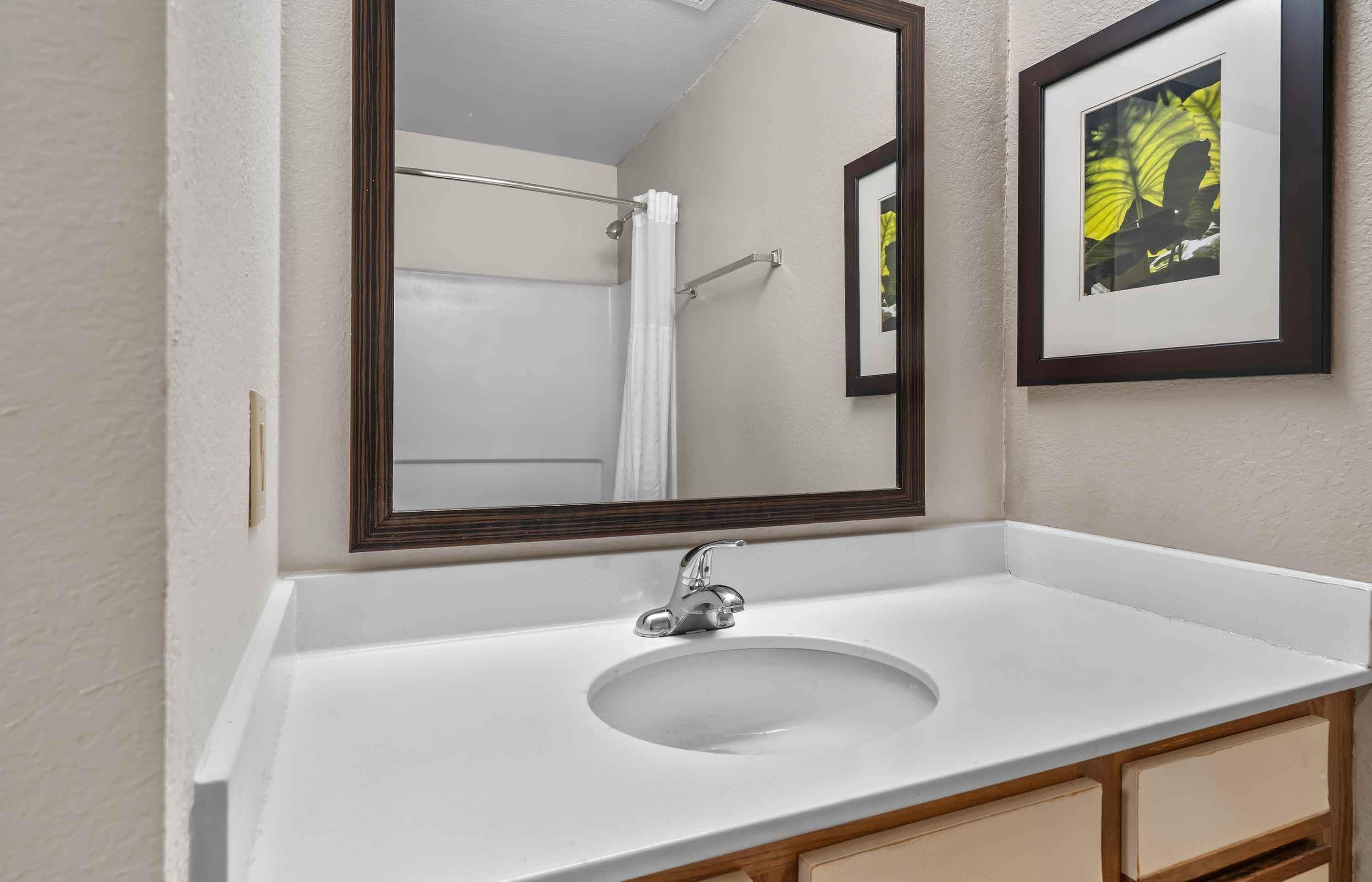 A bathroom with a white sink, a mirror, and a framed picture on the wall.