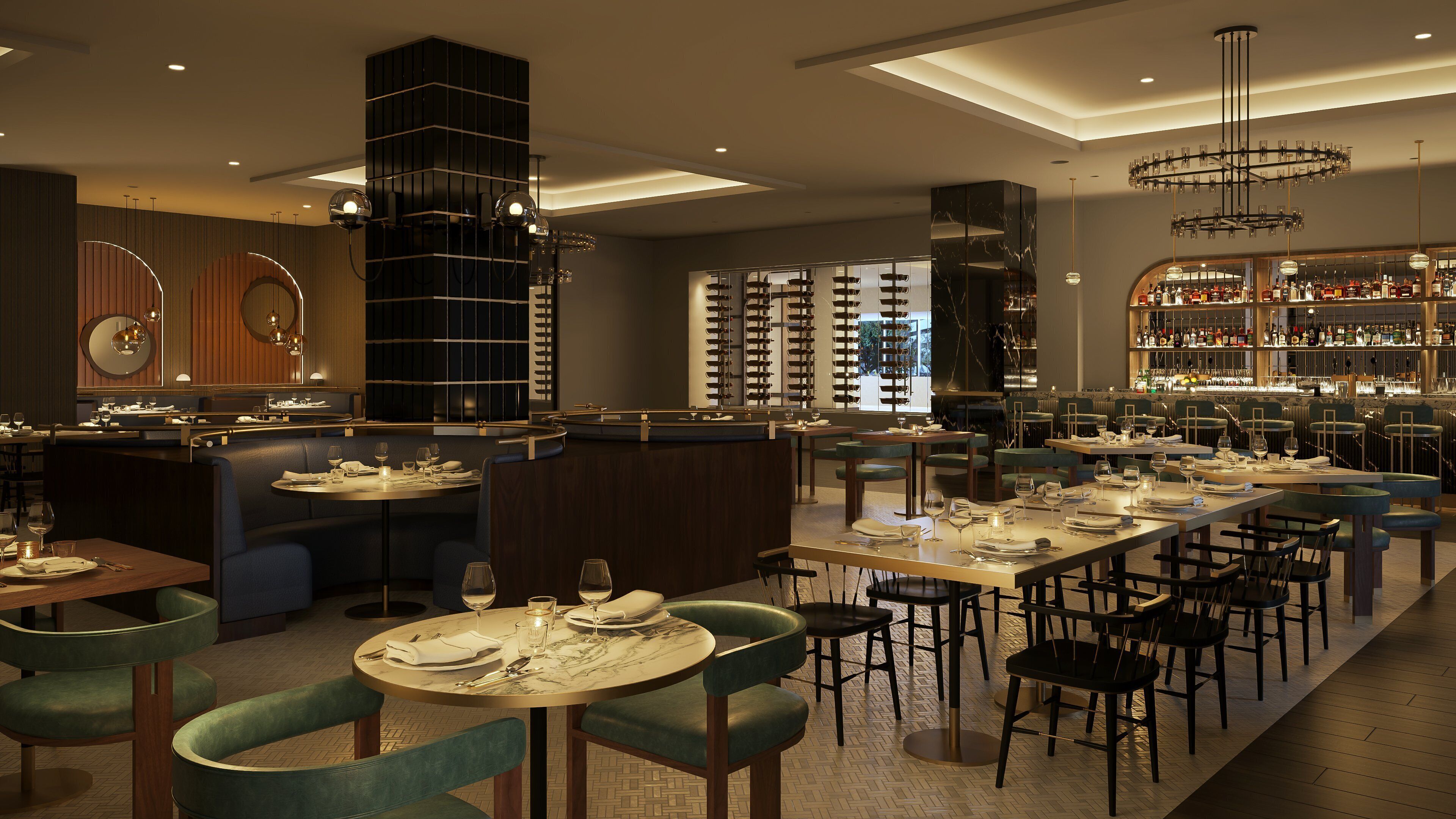 A restaurant with multiple dining tables, booths, and a bar area.
