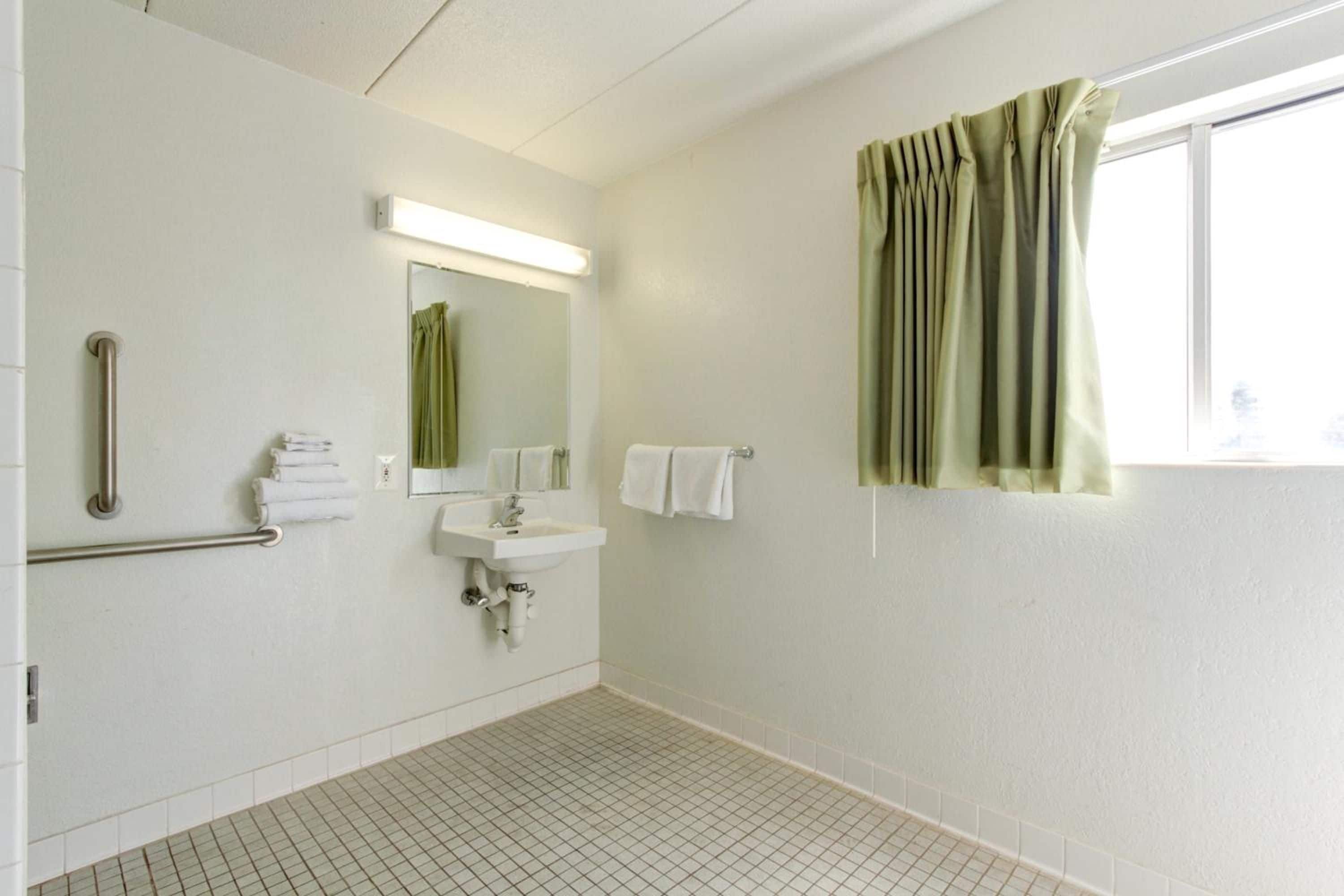 A bathroom with a handrail, a sink, a mirror, and a window with curtains.