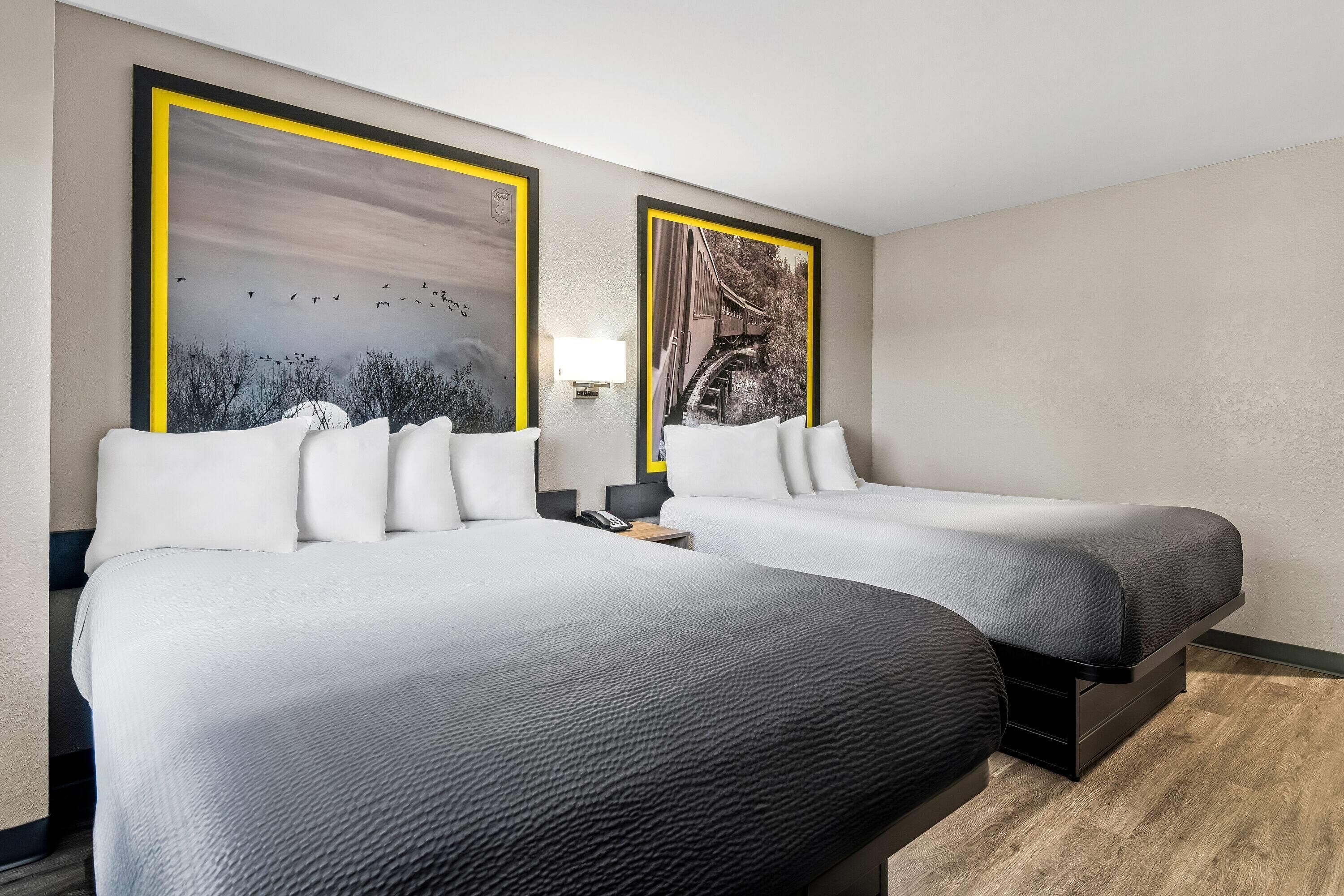 A hotel room with two beds, a nightstand, a lamp, and two framed pictures on the wall.